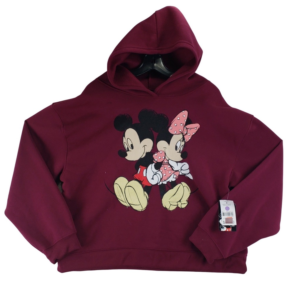 Disney Mickey Minnie Hoodie Womens XL Burgundy Pullover Graphic Fleece